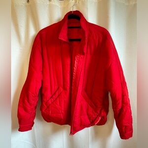 Red puffer jacket